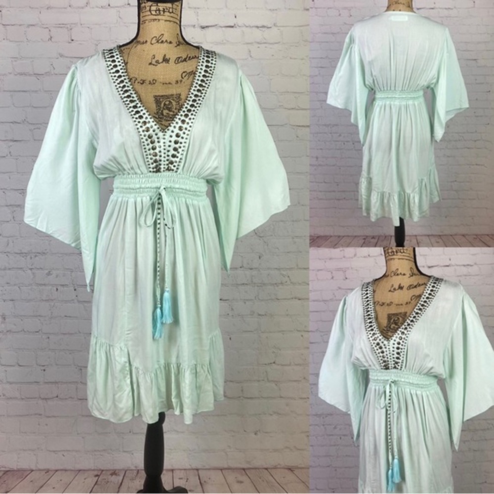 Back From Bali  Embellished Mint Split Kimono Sleeve Dress